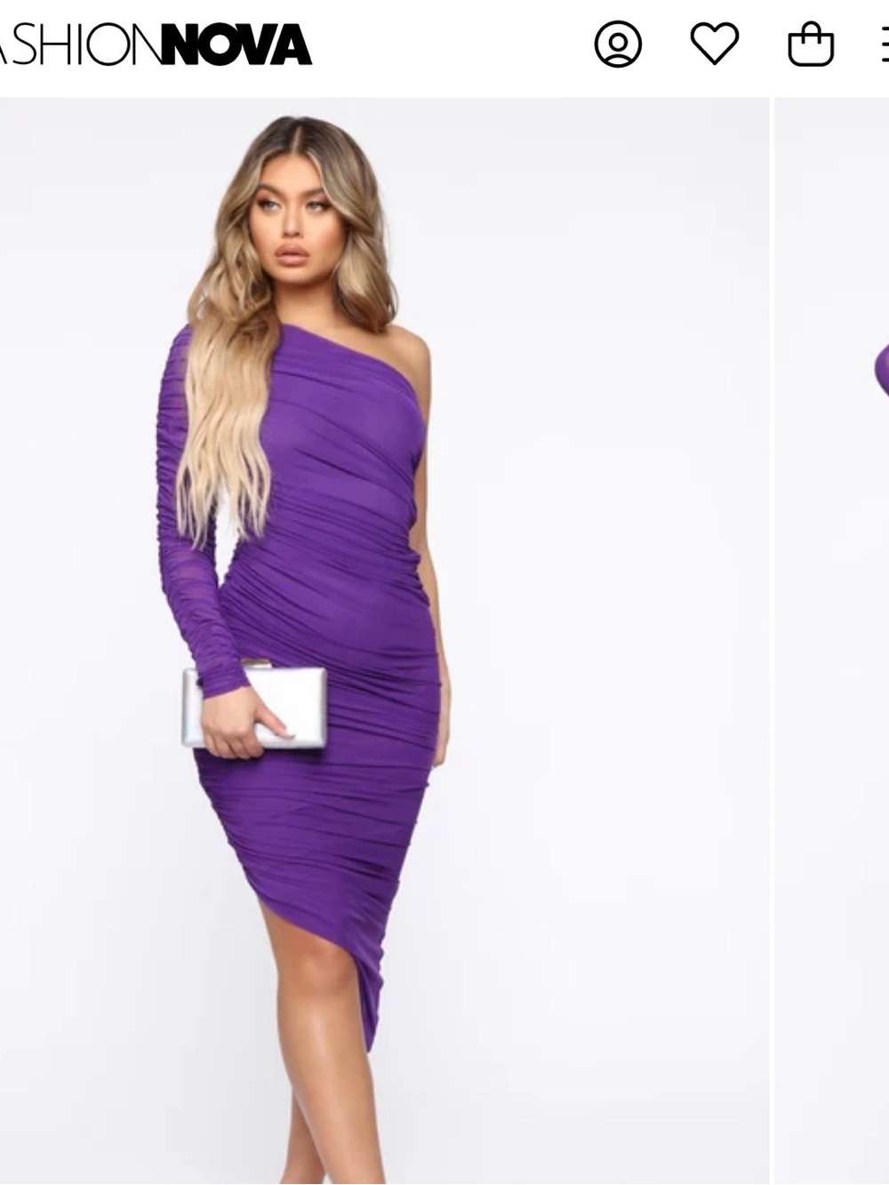 Fashion Nova Ruched One-Shoulder Asymmetric Midi Dress in Purple